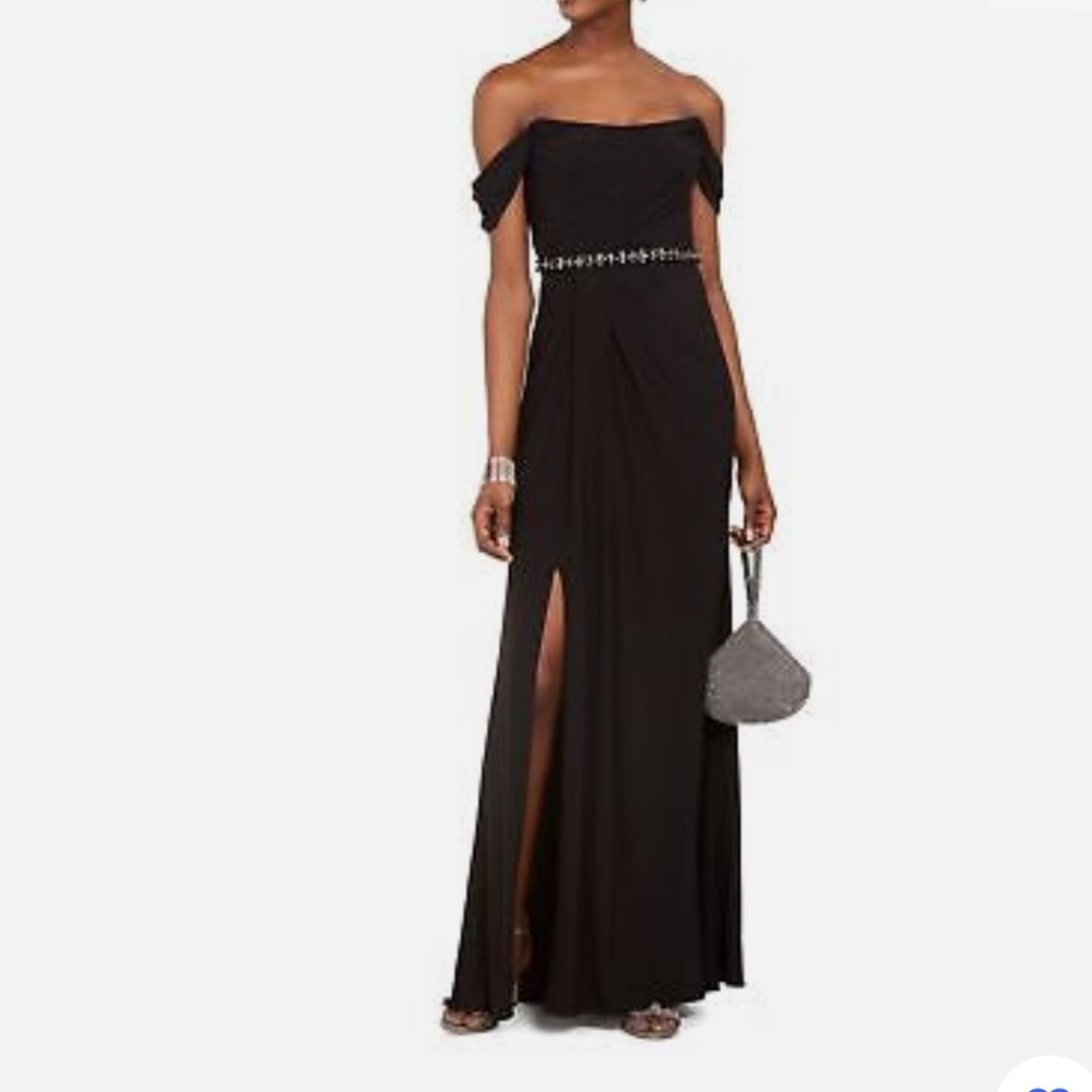 ADRIANNA PAPELL Womens Black Embellished Slitted Off Shoulder Full